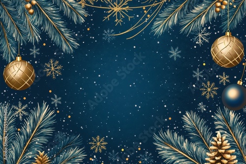 Art deco luxury holiday invitation with Christmas tree baubles snowflakes and fireworks