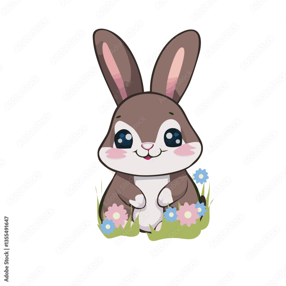Obraz premium Adorable cartoon bunny sitting in the grass among delicate flowers. This charming illustration is perfect for children's designs, nursery decor, greeting cards, stickers, and baby products.