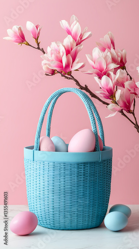 Easter pastel blue basket with pastel eggs and blooming magnolia on pink background. Vertical, side view.