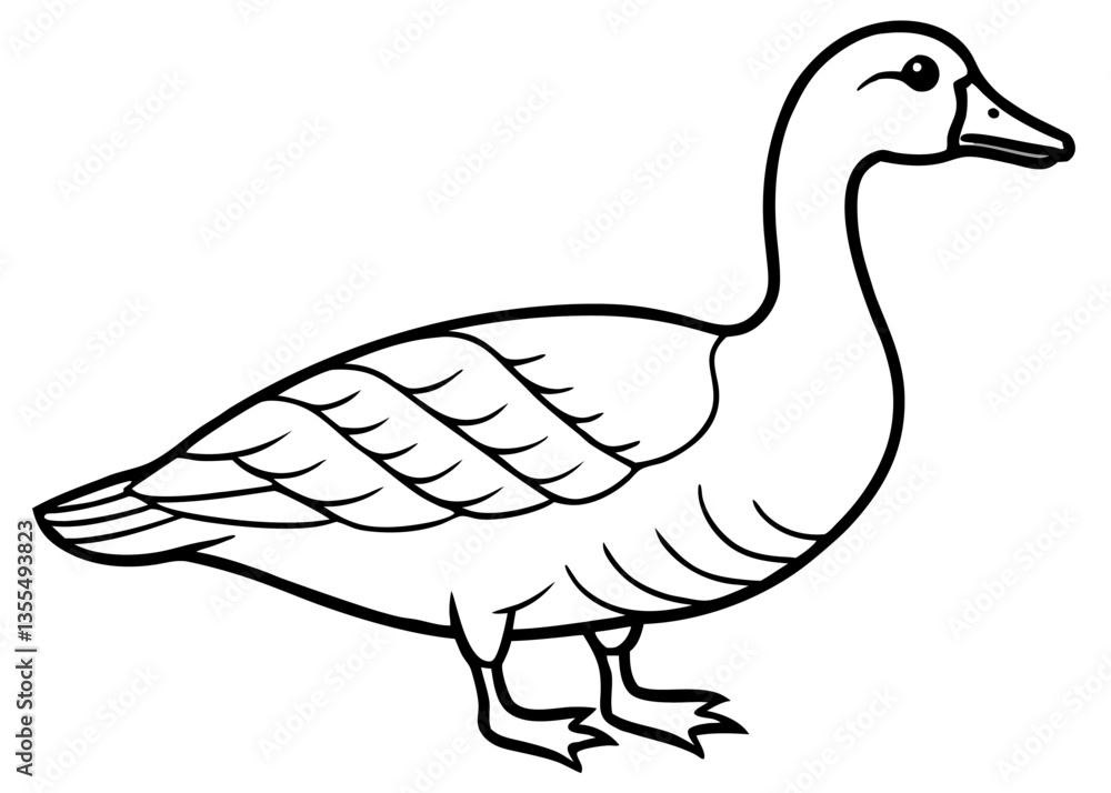 Outline of a Majestic Goose: A clean-lined, black and white illustration of a graceful goose, its form and details expertly rendered. Outline of a Majestic Goose: A clean-lined, black and white illustration of a graceful goose, its form and details expertly rendered.
