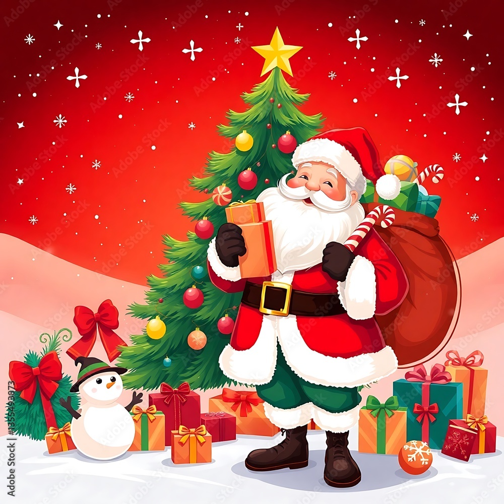 Santa Claus with Christmas Tree and Gifts, Merry Christmas Scene with Santa, Snowman, and Gift Boxes in Winter Wonderland, Santa Claus with Christmas Gifts and Decorated Tree – Festive Holiday Art Santa Claus with Christmas Tree and Gifts, Merry Christmas Scene with Santa, Snowman, and Gift Boxes in Winter Wonderland, Santa Claus with Christmas Gifts and Decorated Tree – Festive Holiday Art