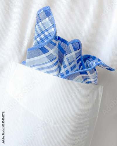 Obraz na płótnie Elegant blue checkered pocket square in white shirt pocket. w salonie