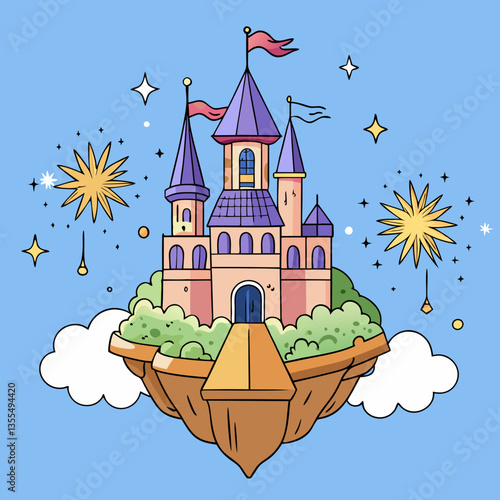 A whimsical cartoon fairytale castle vector illustration, a princess's sky-high fantasy home with a fluttering flag atop its tower