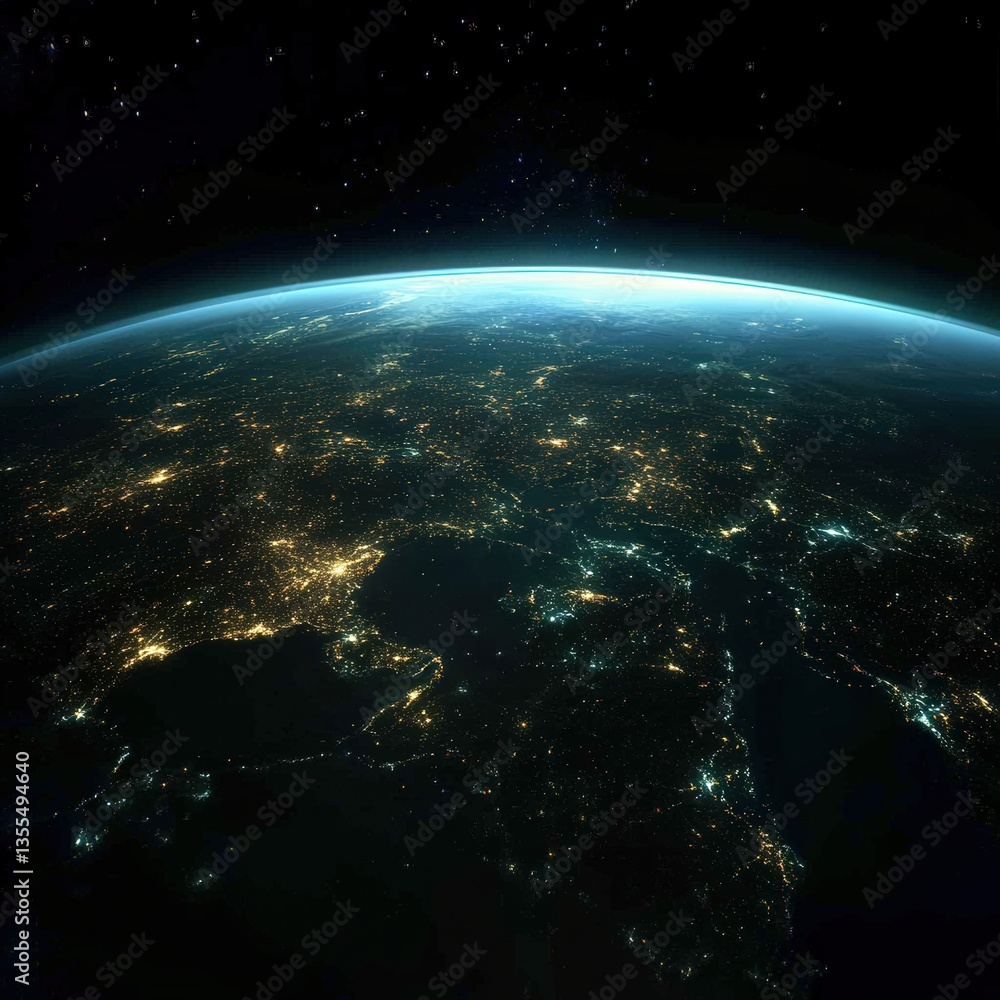 Obraz premium Earth from Space Night View of Europe, with City Lights and a Starry Backdrop
