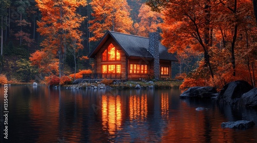 Lakeside cabin glows warmly amidst autumnal foliage, reflecting in still water