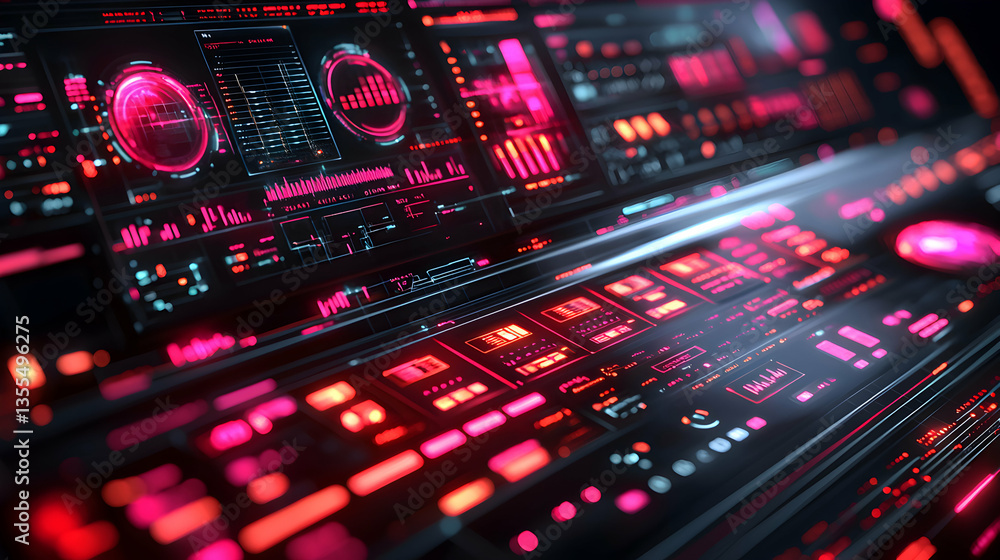 A futuristic control panel with glowing neon lights displays data visualization. Perfect for interface designs game UIs and sci-fi projects. A futuristic control panel with glowing neon lights displays data visualization. Perfect for interface designs game UIs and sci-fi projects.