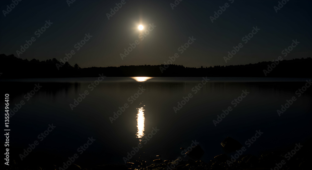 Obraz premium Moonlit Lake Reflection at Night with Dark Forest Silhouette Serenity