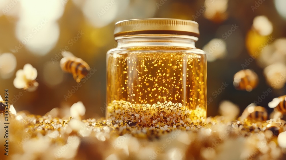 Glass jar filled with golden honey surrounded by bees and shimmering pollen in natural sunlight Glass jar filled with golden honey surrounded by bees and shimmering pollen in natural sunlight