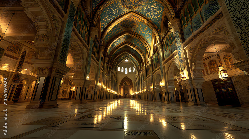 Obraz premium Grand hall with intricate Islamic architecture. High ceilings, arched walkways, marble floors, and ornate details create a majestic atmosphere. Warm lighting enhances the opulent design.