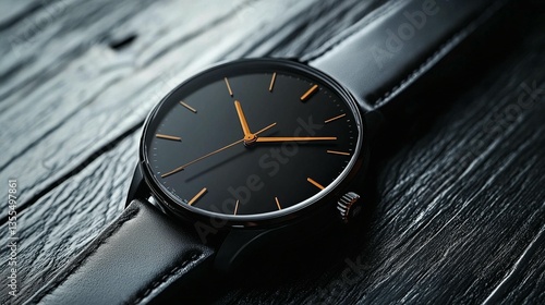 Wallpaper Mural Black wristwatch with orange hands on dark wood. Torontodigital.ca