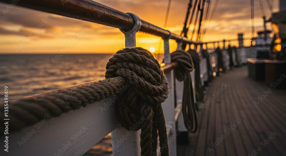 Obraz premium Rope Knot Secures Railing on Vessel with Ocean Sunset Backdrop