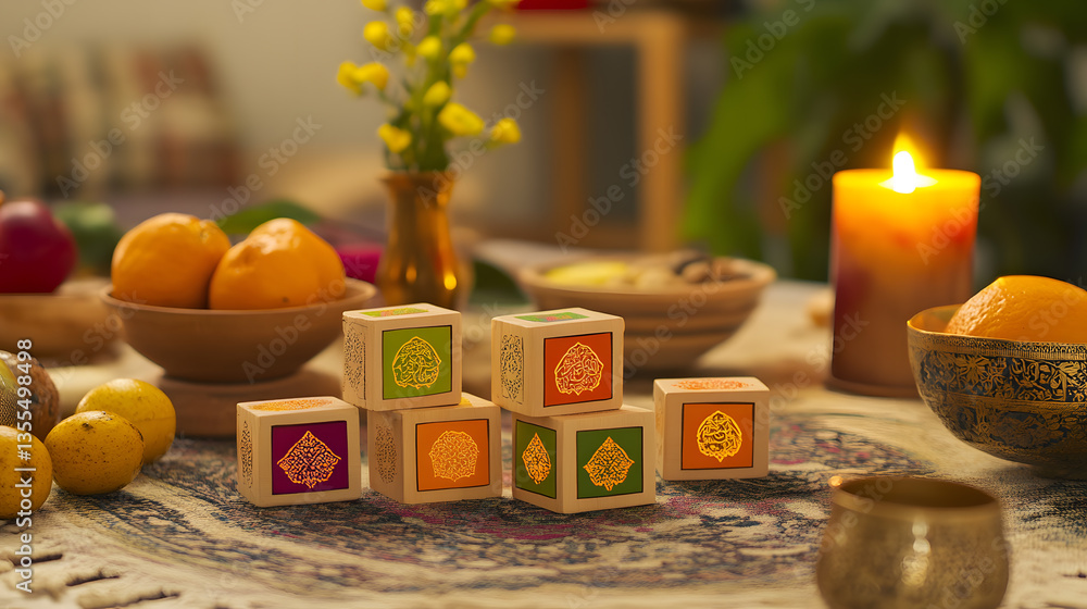 Wooden blocks with ornate designs rest on a table among oranges, lemons, and a lit candle, creating a warm, festive atmosphere. The scene is peaceful and inviting. Wooden blocks with ornate designs rest on a table among oranges, lemons, and a lit candle, creating a warm, festive atmosphere. The scene is peaceful and inviting.
