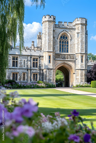 Historic castle gate, sunny day, lush garden, England