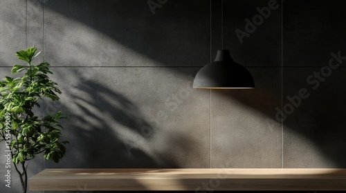 Minimalist modern interior scene with wooden table, plant, and pendant lamp