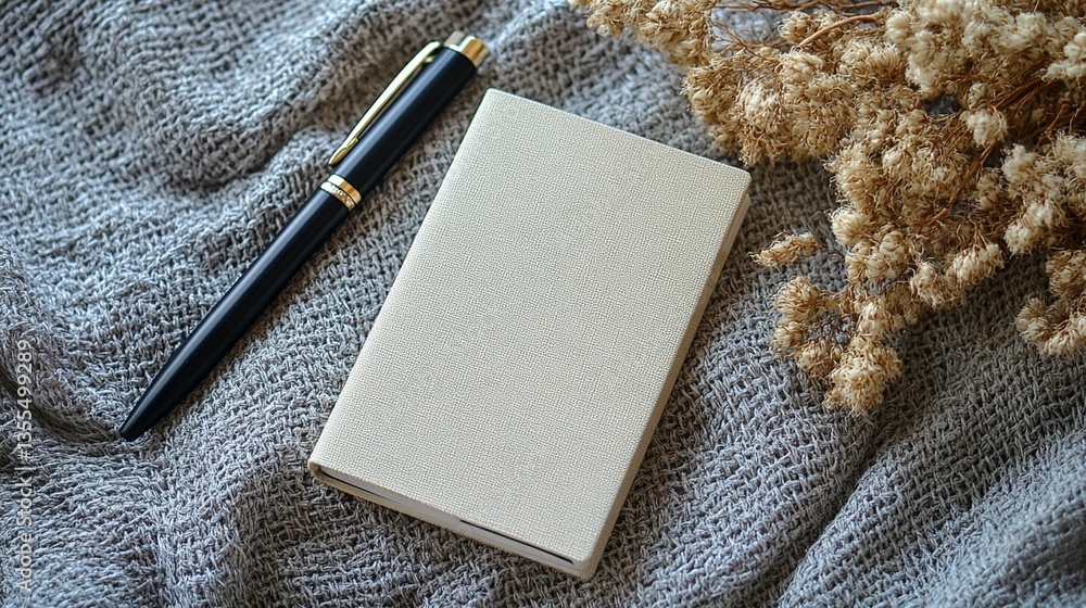 Fototapeta premium Blank notebook, pen, and dried flowers on textured fabric.