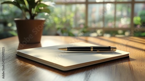 Blank notebook and pen on wooden table near plant, sunlit.