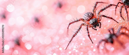 Close-up of spiders on a pink, textured surface.  Tiny arachnids are visible.  Focus is sharp on the foreground spider