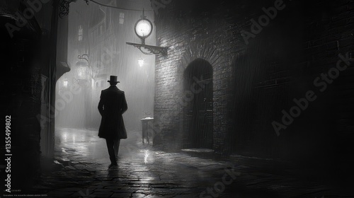 Victorian Detective in Foggy London Alleyway at Night.