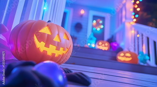 Illuminated jack-o'-lantern on porch steps, Halloween night