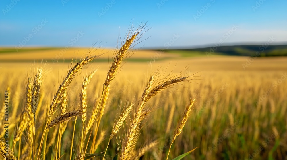 Naklejka premium Golden wheat field waving gently in the breeze under a clear blue sky : Generative AI