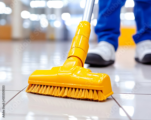 Janitor cleaning floor in a mall