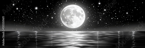 Full moon reflecting on dark ocean, surrounded by stars at night. Serene seascape scene