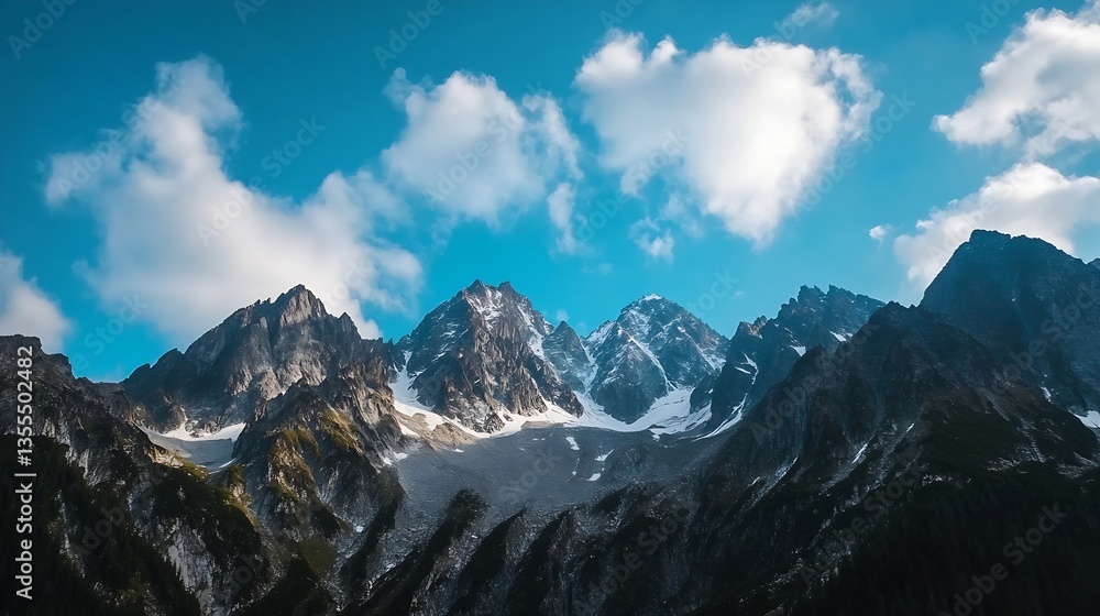 Obraz premium Breathtaking Rocky Mountain Peaks with Dramatic Clouds and Clear Blue Skies in the Background : Generative AI