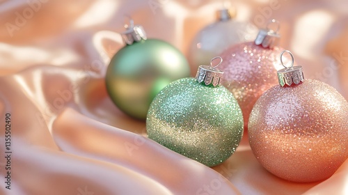 Colorful Christmas ornaments rest on a flowing satin fabric surface