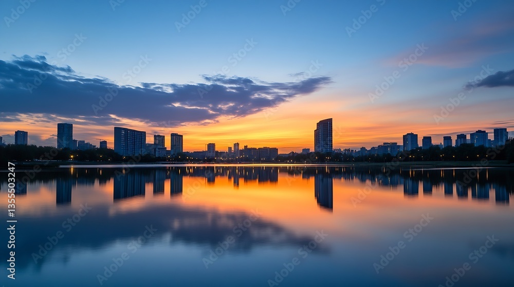 Serene Urban Sunset Reflection on Water with City Skyline and Clouds : Generative AI Serene Urban Sunset Reflection on Water with City Skyline and Clouds : Generative AI