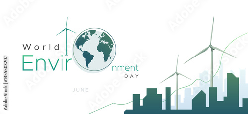 A modern and minimalistic World Environment Day banner featuring a clean design with wind turbines, a city skyline, and a globe icon. The eco-friendly theme promotes renewable energy, sustainability