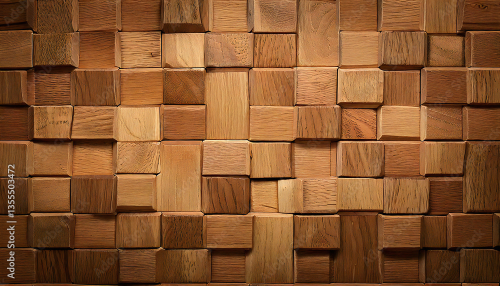 Fototapeta premium Wood with square tiles, wood block wall background. Square grid. Natural wood grain tile wallpaper. 3d rendering.
