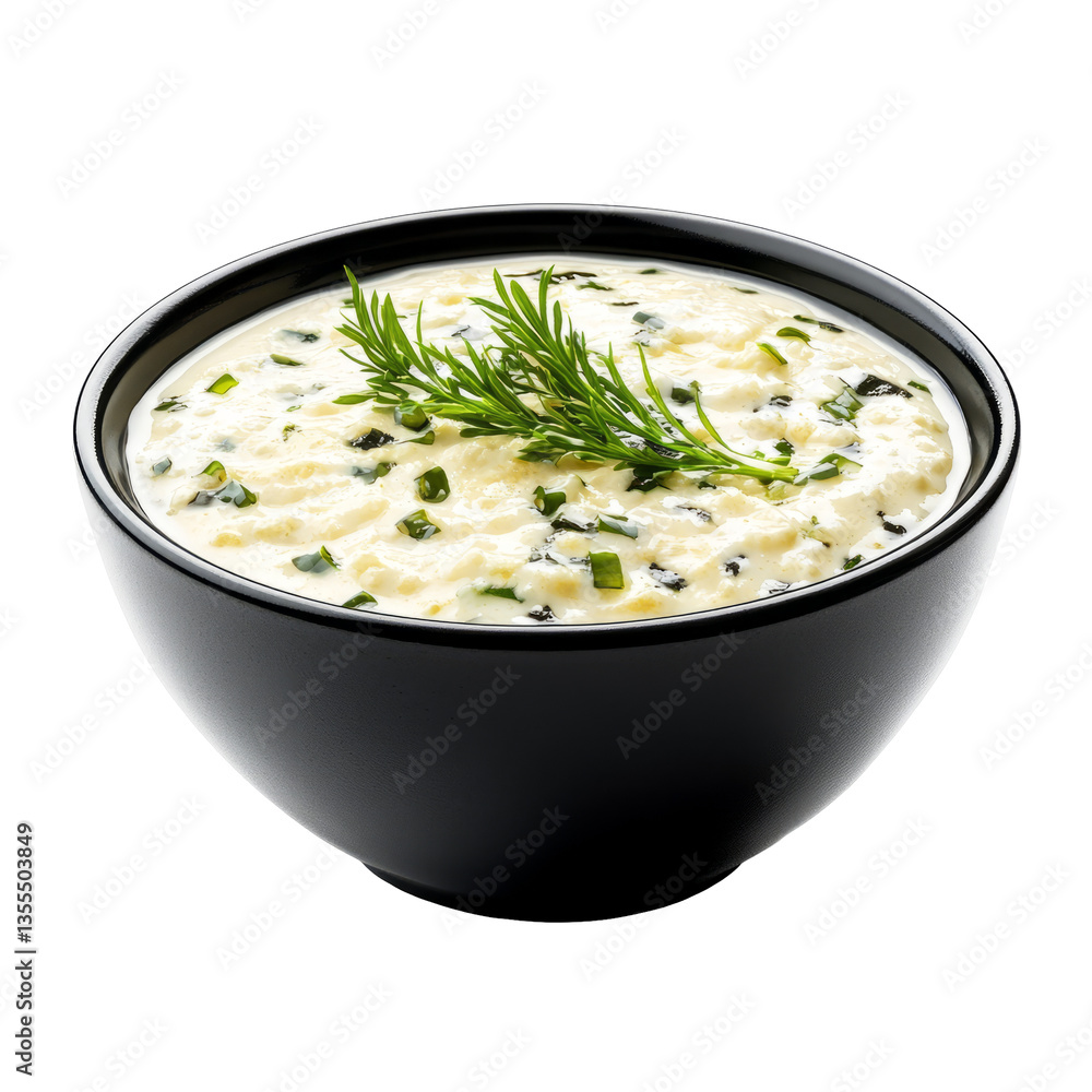 Creamy Dip With Herbs In A Dark Bowl. Isolated. Appetizing Appetizer Creamy Dip With Herbs In A Dark Bowl. Isolated. Appetizing Appetizer