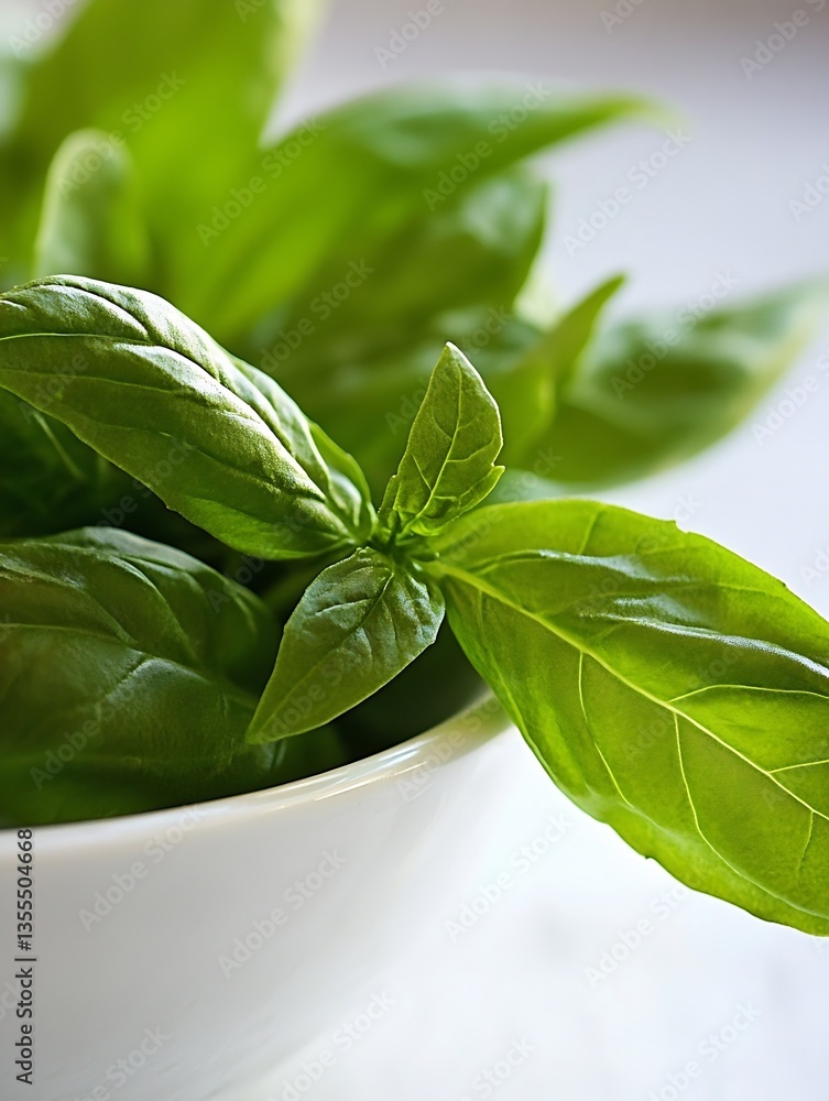 Obraz premium Freshly harvested basil leaves in a white bowl highlighting their vibrant green color and glossy texture : Generative AI