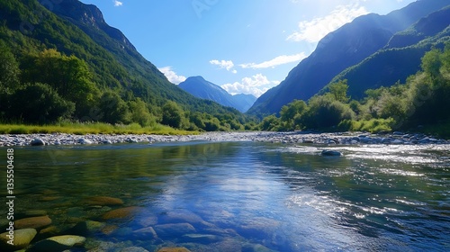 Serene river flowing through green valleys and majestic mountains in a sunny landscape : Generative AI