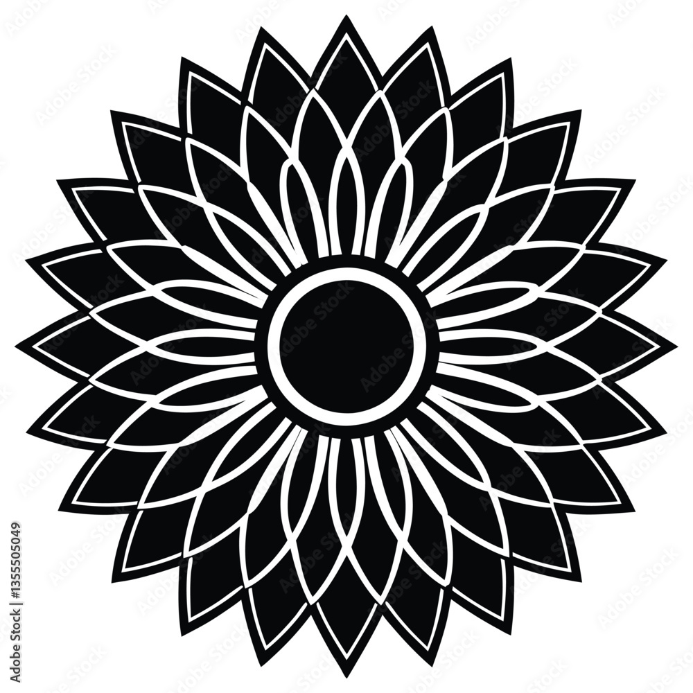 Black and White Mandala Sunflower Vector | Floral Geometric Design Black and White Mandala Sunflower Vector | Floral Geometric Design