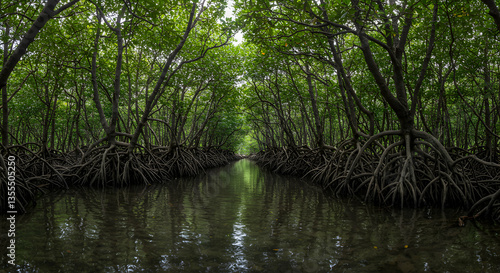 Navigating Through Mangrove Forest Waterway with Exposed Roots and Green Canopy
