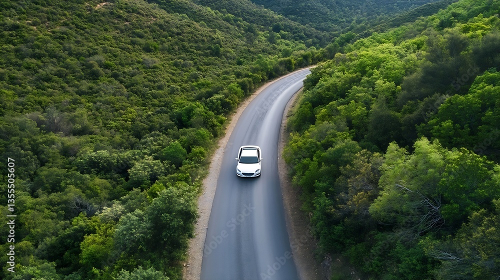 Aerial View of a White Car Driving on a Winding Road Surrounded by Lush Green Vegetation : Generative AI Aerial View of a White Car Driving on a Winding Road Surrounded by Lush Green Vegetation : Generative AI