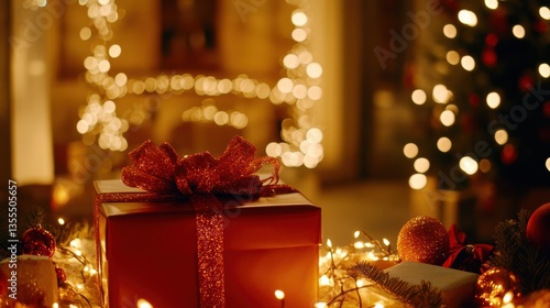 Festive Gift Box Surrounded by Soft Glowing Lights and Christmas Tree Decorations in Cozy Atmosphere