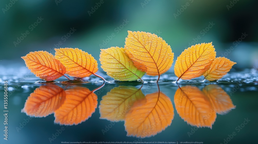 Obraz premium Autumn leaves reflected in water on a blurred background