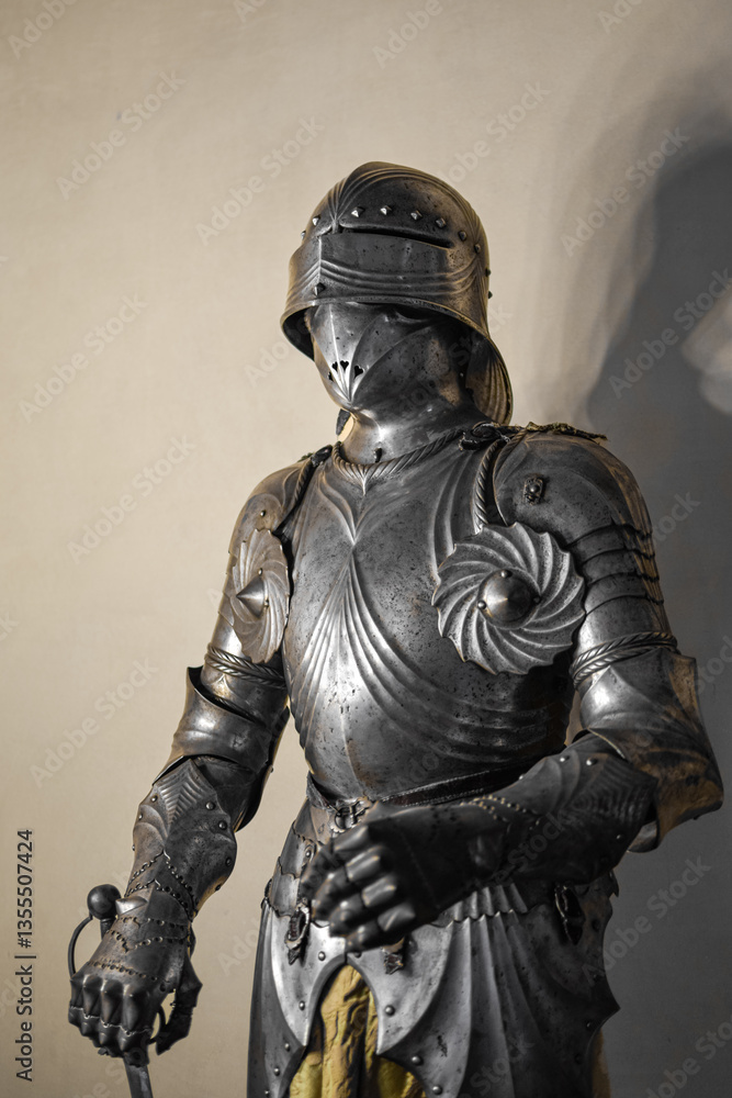 Front view of medieval shiny armor with details and white wall in background Front view of medieval shiny armor with details and white wall in background
