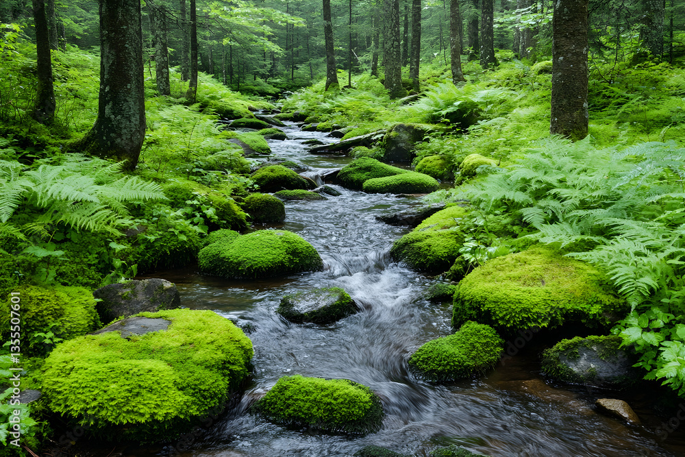 Fototapeta premium Lush forest stream, mossy rocks, tranquility, nature background; ideal for wellness