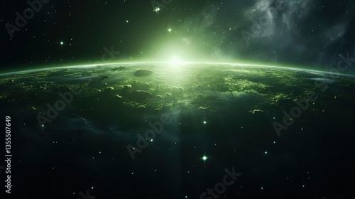 Green planet horizon rises in space. Light rays with stars and cloudy sky. Space scene