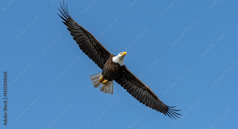 Naklejka premium Eagle Soaring Gracefully Across Clear Blue Sky