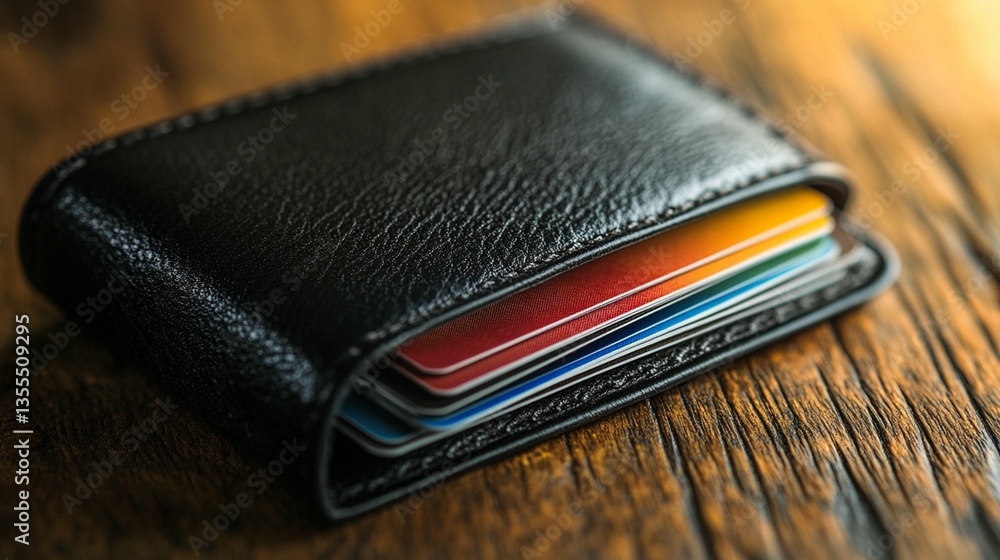 Close-up of a black leather wallet containing multiple colorful credit cards on a wooden surface. Close-up of a black leather wallet containing multiple colorful credit cards on a wooden surface.