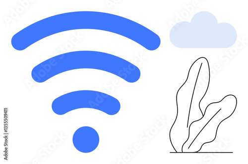 Blue wireless signal icon with abstract plant and cloud shapes conveying digital communication and nature. Ideal for technology, innovation, remote work, internet service, networking, sustainability