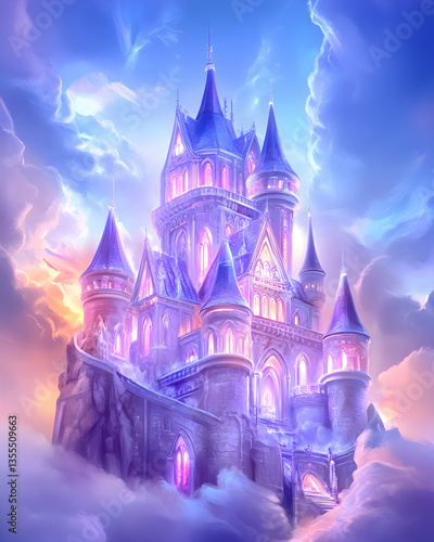 Magical castle above clouds, fantasy illustration