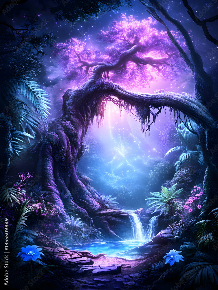 Obraz premium Magical glowing tree, waterfall, night forest, fantasy art, game background