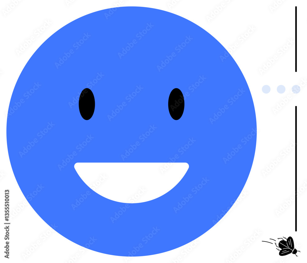 Fototapeta premium Blue smiling face with black eyes, vertical line, and butterfly silhouette. Ideal for positivity, joy, minimalism, creativity, communication playful themes and abstract concepts. Flat simple