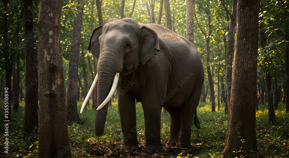 Fototapeta premium Elephant Standing Calmly Amongst Trees in a Lush