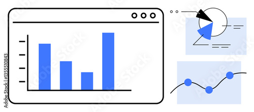 Bar graph on browser window, pie chart, line graph with nodes. Ideal for analytics, reports, business strategy, market trends, performance tracking, visual data representation flat simple metaphor